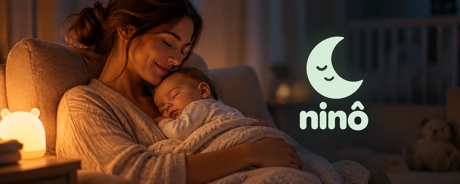 Madre sosteniendo a su bebé dormido en una habitación con luz tenue, una luz nocturna encendida y el símbolo de Ninô